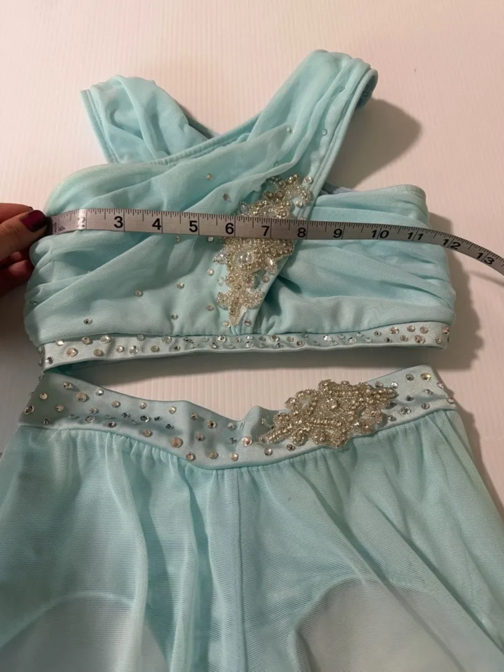 The Line up solo dance costume 2 piece blue wide leg illusion XXS adult